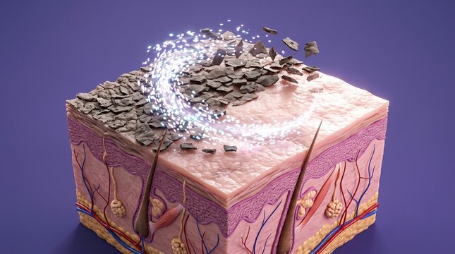 3D Illustration of Skin Cross-Section Showing Exfoliation and Removal of Dead Skin Cells