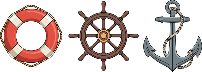 Nautical marine vector element set featuring lifebuoy ring steering wheel and ship anchor with rope isolated on white background © tuzam