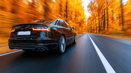 Naklejka premium Car driving a black luxury vehicle at high speed on a road with autumn motion blur