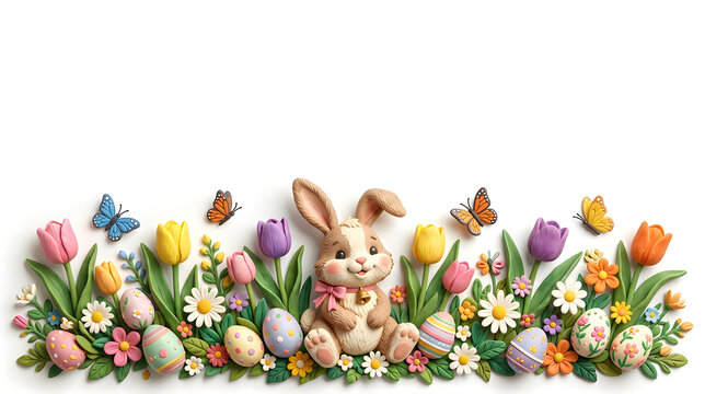 Cute Easter bunny surrounded by tulips, daisies, decorated eggs and butterflies forming a horizontal floral border, premium soft 3D clay illustration, wide empty copy space, isolated on pure white 