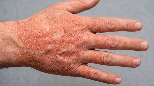 Close up of severe dry skin eczema dermatitis on back of male hand