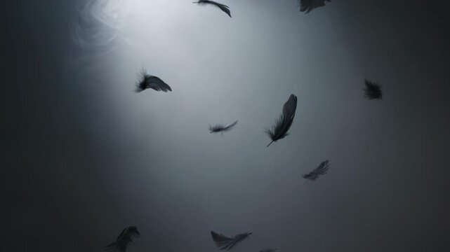 Spooky halloween backround with dark feathers falling through mist