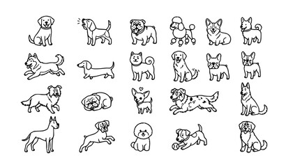 Fototapeta premium Dogs Icon Set Playful Line Style Collection for Canine Lovers – Cute Puppy Outline Vector Illustrations