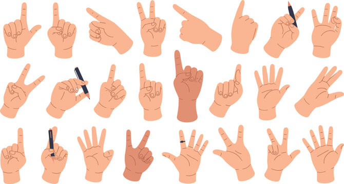 Human hands collection vector illustration with various gesturing signs counting pointing holding pencil isolated on white background