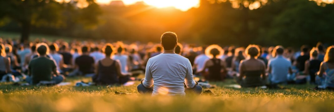 Meditation and yoga in a park at sunset for community wellness and mindfulness peace