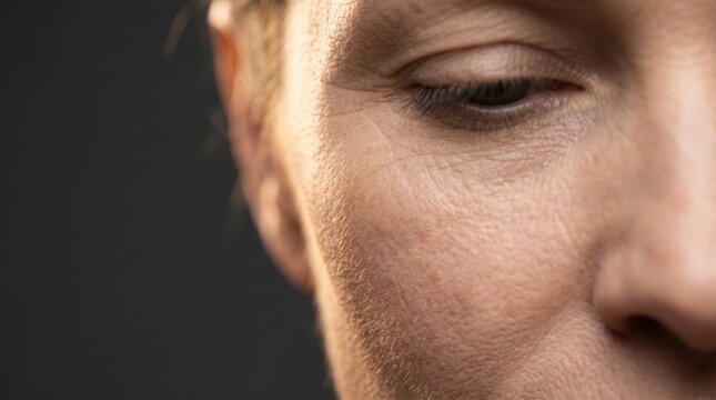 Macro shot of middle aged woman face showing fine lines and skin texture