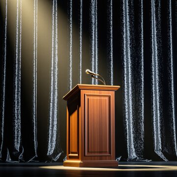Empty wooden podium with microphone sits on dark stage under spotlight. Speaker platform awaits presentation or speech. Formal auditorium background.