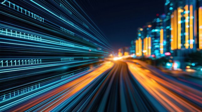 Technology and binary data stream merging with digital motion blur city light speed