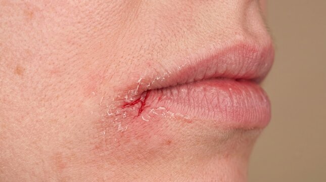 Close up of severe dry cracked bleeding lips with cheilitis condition