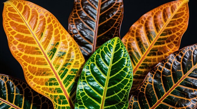 Close-up of vibrant croton leaves in warm yellow orange and deep green tones showcasing intricate vein patterns. Foliage displays rich textures on dark background.