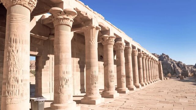 Philae temple in aswan on the Nile in Egypt. Establishing shot.