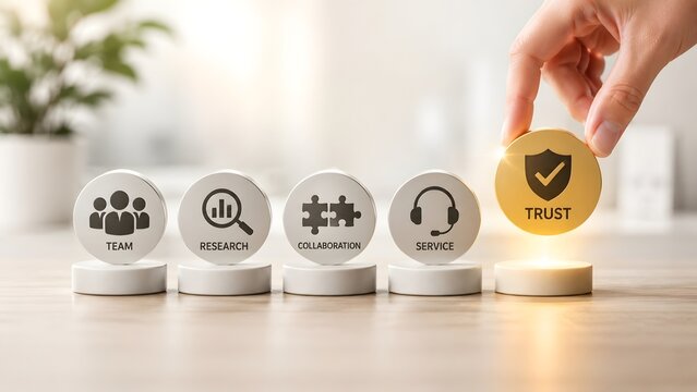 Hand placing a golden trust token to complete a business sequence of team, research, collaboration, and service concepts.