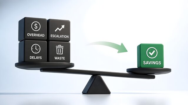 Seesaw Scale Tipping Towards Green Savings Block Outweighing Overhead Delays And Waste In Business Optimization Concept