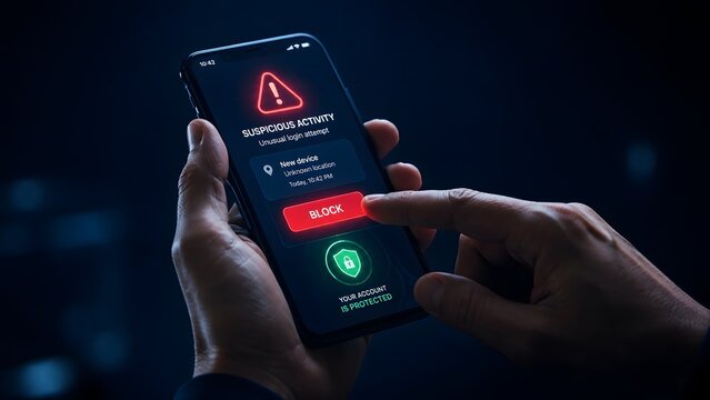 Hands holding smartphone with suspicious activity alert blocking unusual login attempt for cybersecurity and digital account protection