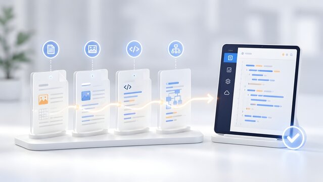 Digital transformation and automated data processing concept with glowing files connecting to a tablet displaying programming code.