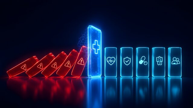 Glowing blue digital shield stopping falling red dominoes representing healthcare risk management and medical data security.