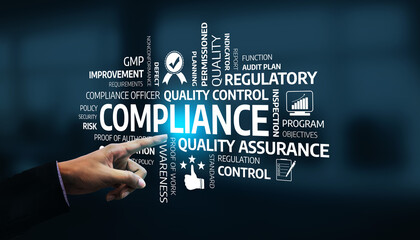 Fototapeta na wymiar A hand points towards a visual representation of compliance concepts, capturing essential keywords like quality assurance, risk management, and regulatory requirements in a business setting. Tessel