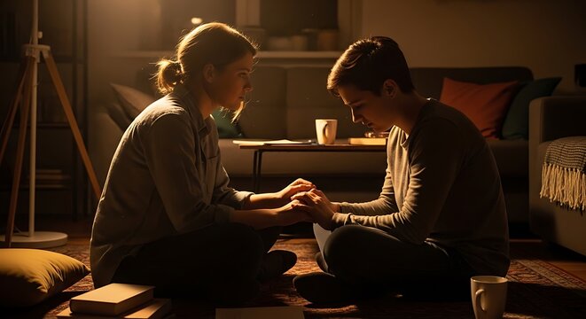 A tender scene of two individuals connecting, their hands clasped in a gesture of empathy and understanding.