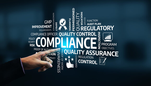 A hand points towards a visual representation of compliance concepts, capturing essential keywords like quality assurance, risk management, and regulatory requirements in a business setting. Tessel