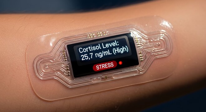 A close-up view of a wearable biosensor patch attached to a persons arm, displaying a high cortisol level reading and indicating stress.
