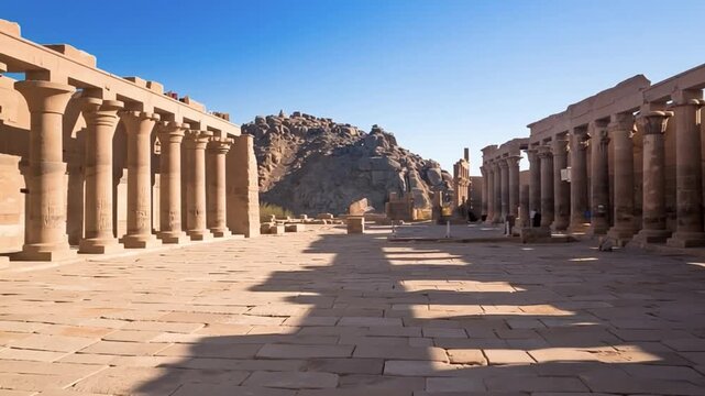 Philae temple in aswan on the Nile in Egypt. Establishing shot.