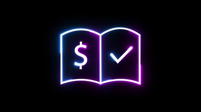 Neon glowing book symbol with dollar sign and check mark financial accounting icon animation.