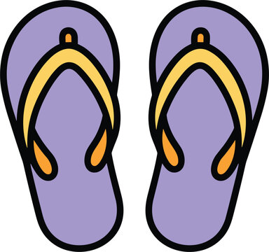 Summer flip flops vector icon, purple beach sandals pair with yellow straps on white background