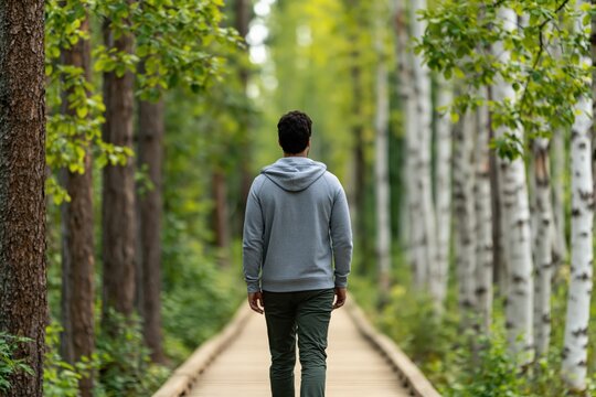 Man walking along a wooden boardwalk path in a forest woods nature back view male