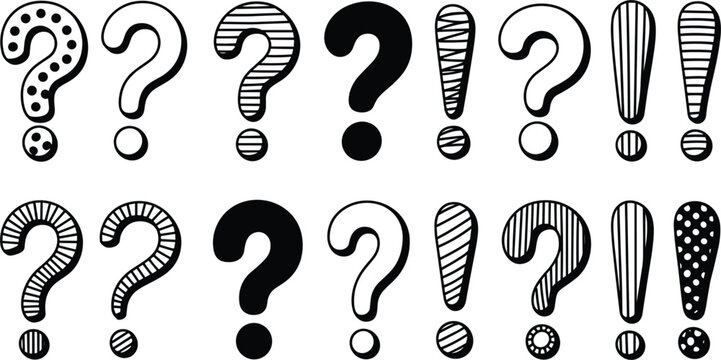 Question mark and exclamation point hand drawn icons set, sketch punctuation symbols isolated on white background