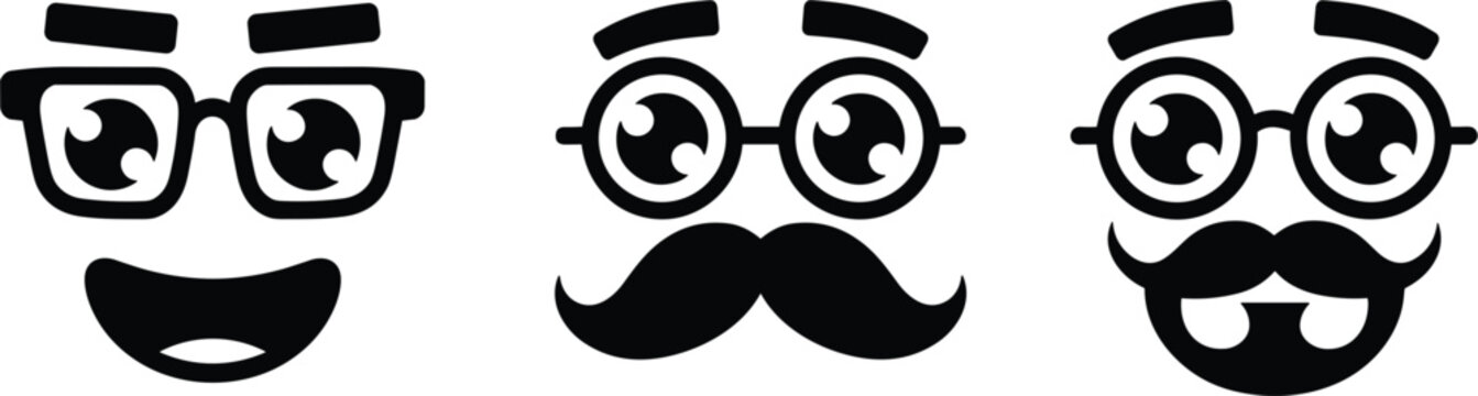 Funny cartoon faces with eyeglasses and mustache black vector silhouettes set, geek emoji icons isolated on white background