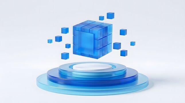 Abstract futuristic blue glass cubes floating above circular podium on white background, 3D render