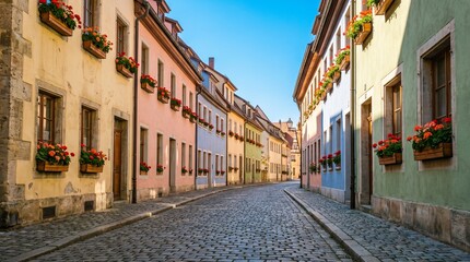 Fototapeta premium Charming Old Town Street with Colorful Facades and Flower Boxes