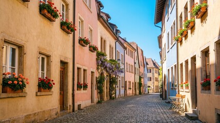 Fototapeta premium Charming Old Town Cobblestone Street with Colorful Flower Boxes