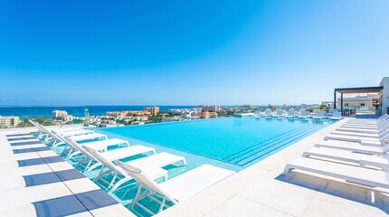 Fototapeta premium Luxury infinity swimming pool overlooking the blue ocean and coastal city skyline