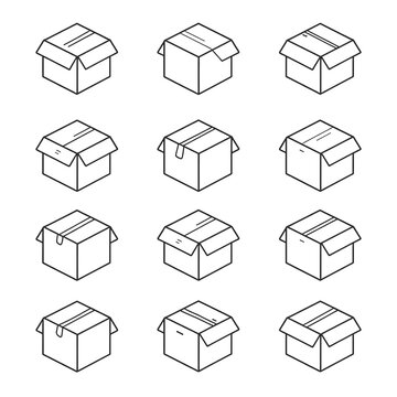 black and white boxes, Cardboard Box Line Icon Set - 12 Packaging and Delivery Vector Icons