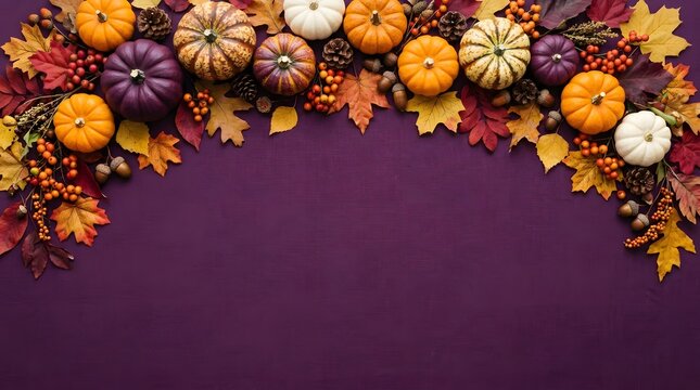 Autumn harvest background with pumpkins and leaves on purple surface