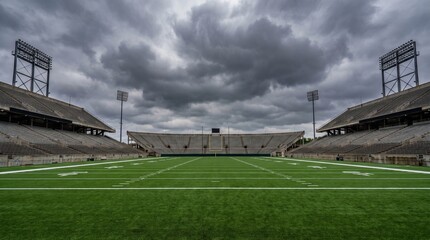 Naklejka premium Empty American Football Stadium Under Dramatic Stormy Sky