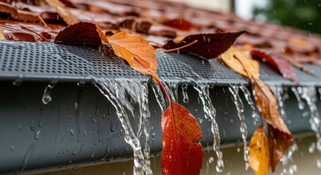 Focused clip of wet leaves sliding off snapin gutter guard after a simulated rain event proving effective drainage.