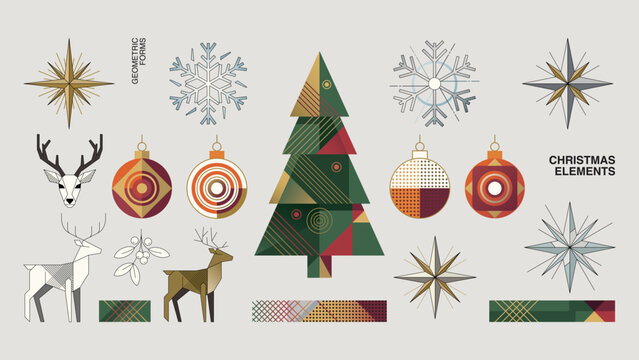 Set of abstract Christmas elements geometric forms isolated