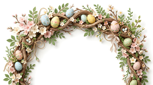 Rustic Easter floral border with wooden branches, blossoms, eggs, greenery and countryside spring atmosphere, premium soft 3D clay illustration, isolated on pure white background