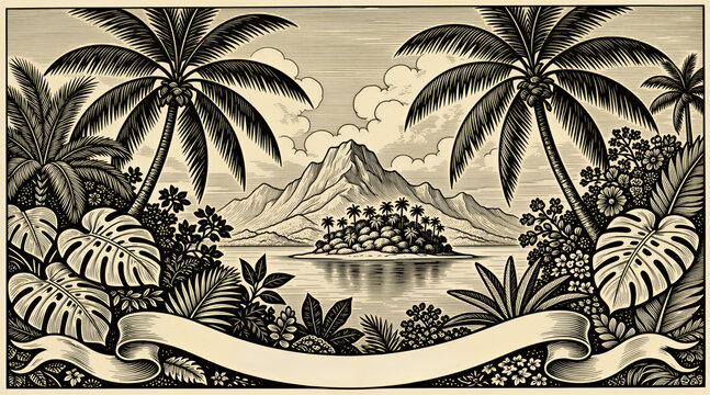 Vintage tropical island landscape woodcut style illustration with palm trees, large banner. Monochrome engraved scenery features mountains calm water ocean bay, exotic jungle foliage plants. Retro