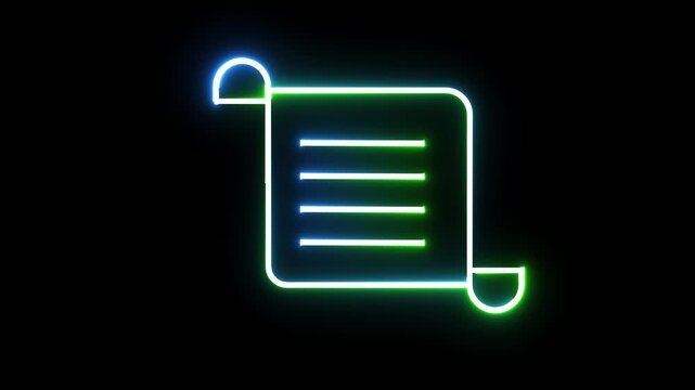 Neon glowing document scroll icon animation isolated on black background for digital web.
