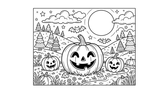 Halloween coloring page with pumpkins, bats, and a full moon