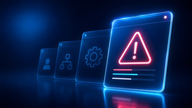 Futuristic Neon Glowing Web Interface Windows with System Error Warning Triangle and Settings Icons