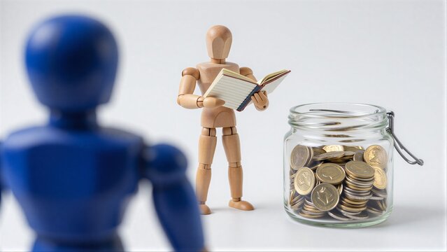 Wooden figure reads book beside coin jar, blue puppet watches in background.