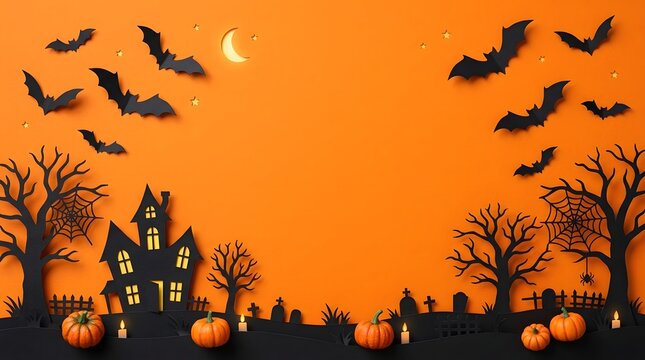Halloween background with paper cutouts of haunted house and bats