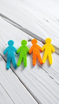 Four colorful figures linked together on a white wooden surface