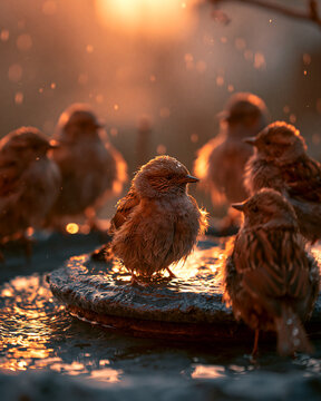 Sunlit close-up of shorebirds bathing in a bird bath at golden hour by the shore water reflection
