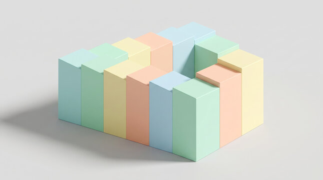 Isometric impossible staircase looping endlessly in pastel geometric blocks, optical illusion business concept