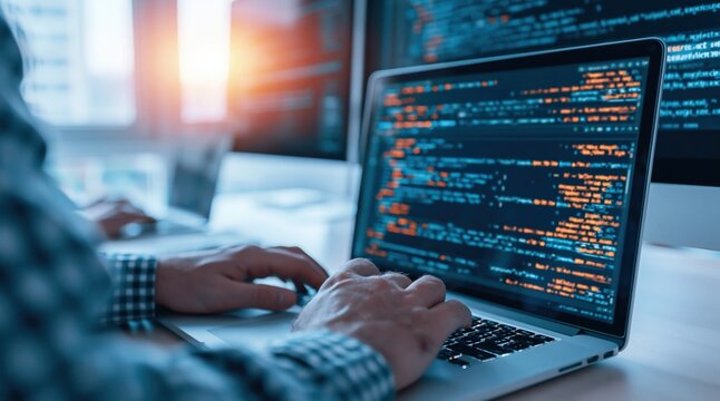 Programmer working on laptop with colorful coding software for web development